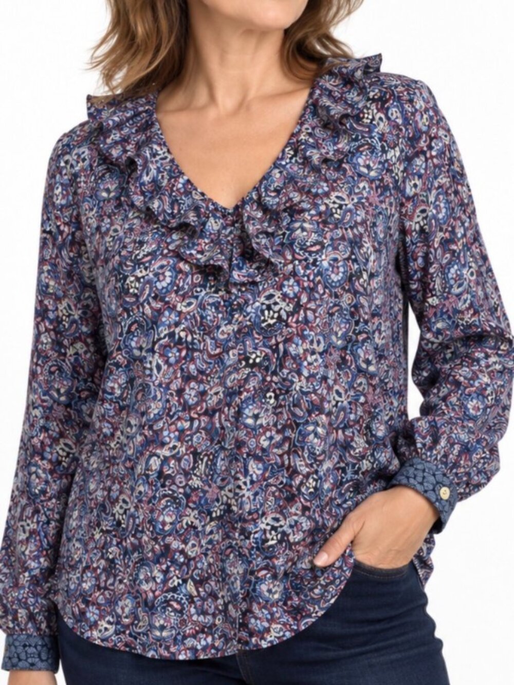 J.Jill Boho Paisley Floral Ruffle Neck Blouse 100% Rayon Size S /M
